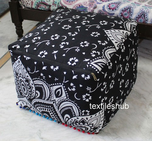 New Indian Mandala Square Ottoman Handmade Pouf Cover Footstool Seating Cover - Picture 4 of 49