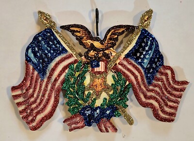 2 FLAGS, EAGLE, LAUREL WREATH  * Glitter PATRIOTIC JULY 4 ORNAMENT * Vtg Img