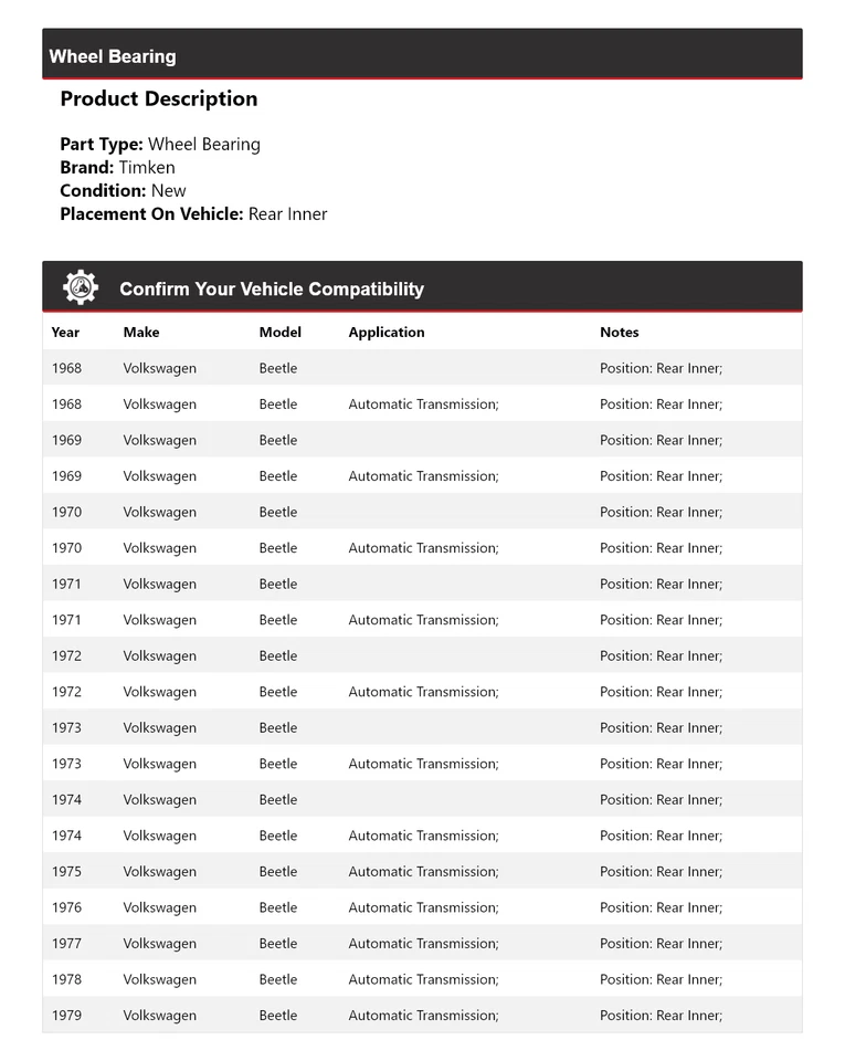 Cojinete de rueda interior trasero Timken 1969 1970 1971 para Volkswagen Beetle 1968-1979 Foto 2 de 4