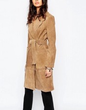 Mango Real Suede Leather Longline Belted Trench Style Coat Size S Uk 8-10