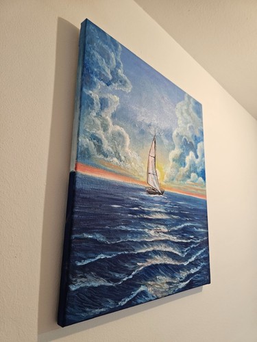 Seascape sailboat ship oil painting Ocean Sunset artwork 15x18in Sailing Boat - Picture 3 of 22