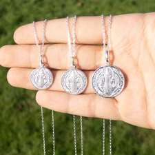 Silver Saint Benedict Pendant, Italian 925 Sterling Silver, 8mm to 25mm, St Coin