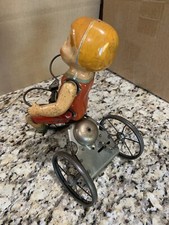 Vintage Large Tin Windup Spoked Wheel Tricycle Toy w/Tin Boy Rider