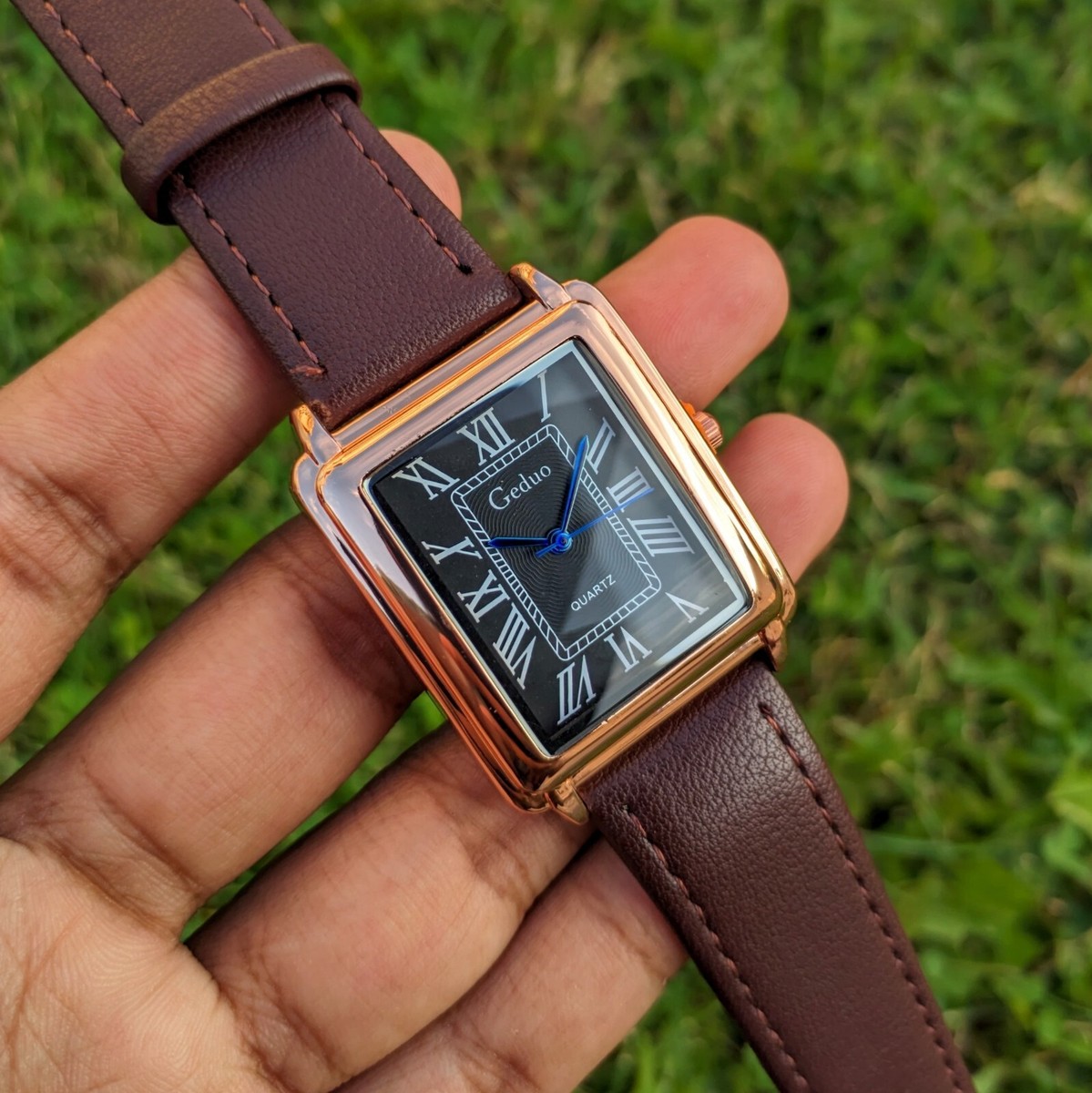 GEDUO Tank Square Leather Stainless Steel Back Analogue Thin