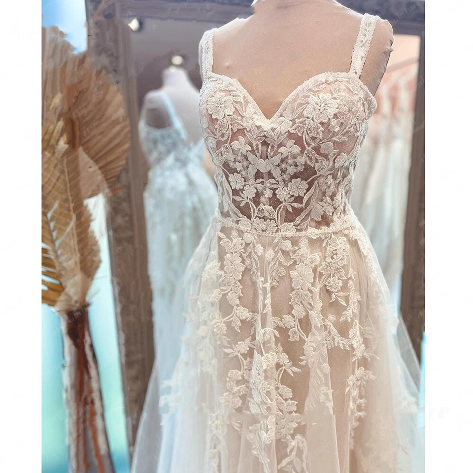 Boho Beach Wedding Dresses Backless A Line Spaghetti Straps Lace Bridal Gowns - Image 4 of 4