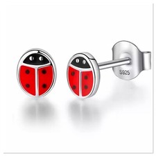 ZARD 925 Sterling Silver Ladybug Delicate Stud Earrings in Red Enamel
