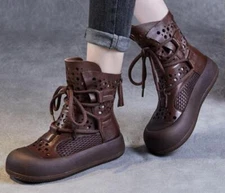 Women's 2024 New Leather hollow boots Thick sole hole Ankle boots shoes 