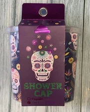 Floral Skulls Halloween Spooky Shower Cap with Reusable Suction Case Skeleton