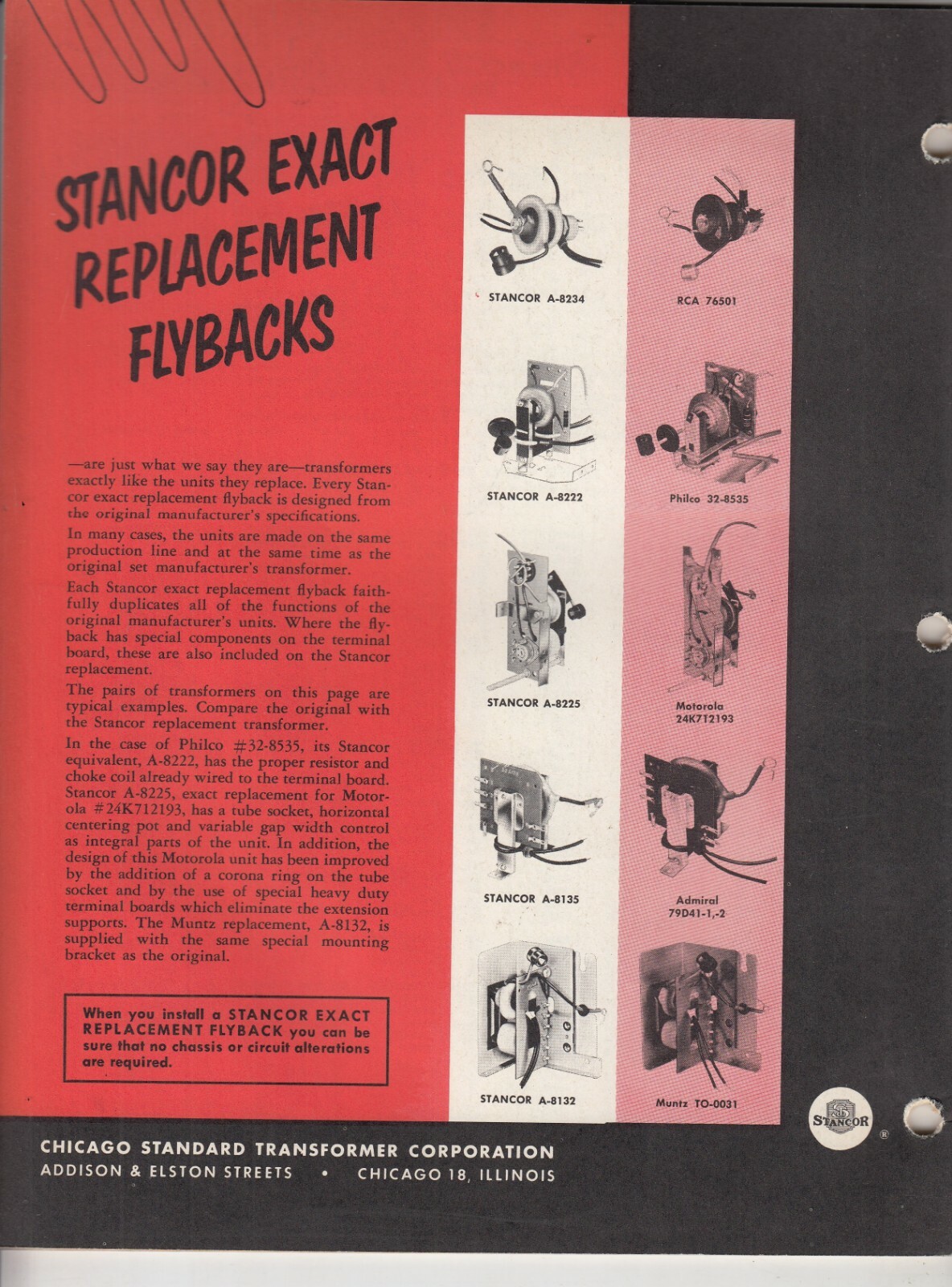 1955 Vintage Stancor TV Transformer Replacement Guide Catalog RCA