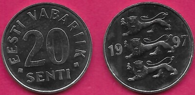 ESTONIA 20 SENTI 1997 UNC EESTI VABARIIK,NATIONAL ARMS DIVIDE DATE,DENOMINATION