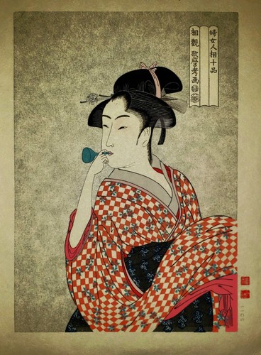 VINTAGE ANTIQUE JAPANESE WOODBLOCK PRINT UKIYO-E SHIN HANGA UTAMARO - Picture 4 of 5