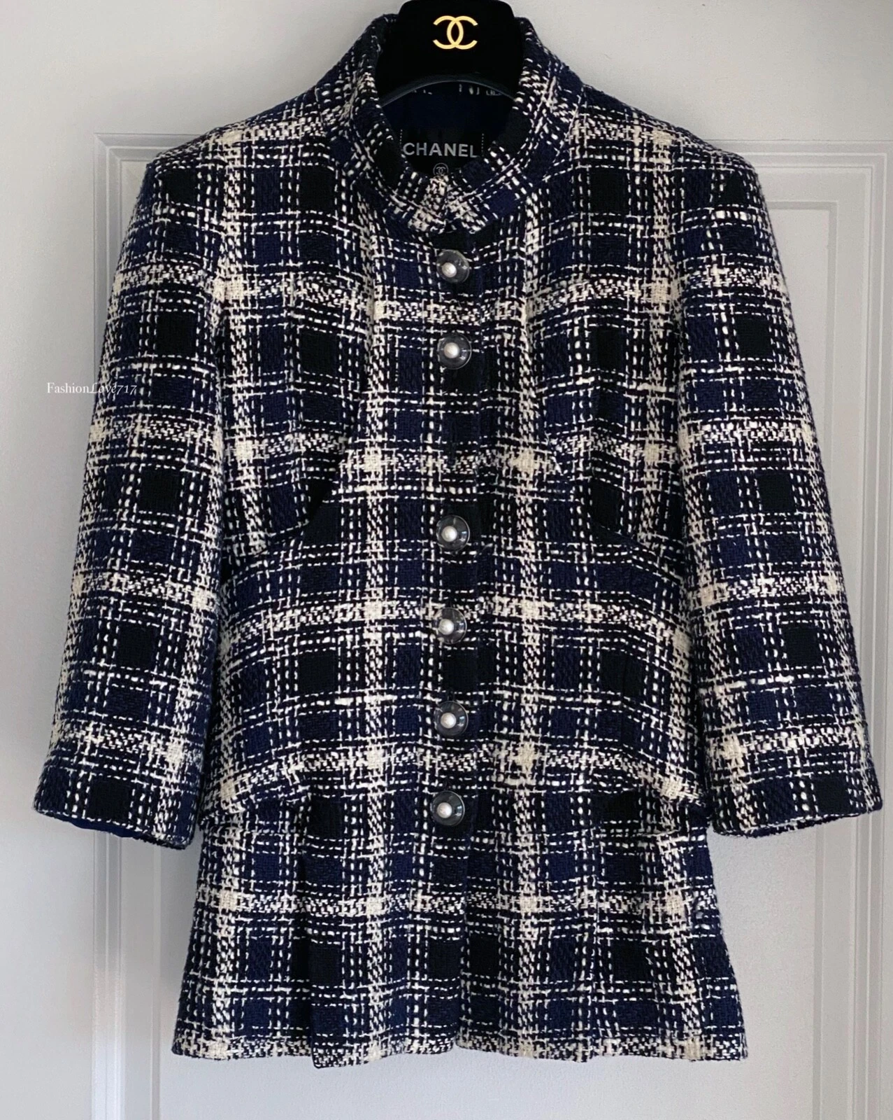 NUOVO $6350 CHANEL 18P BLU NAVY NERO ECRÙ TWEED PERLA CC BOTTONI GIACCA 38