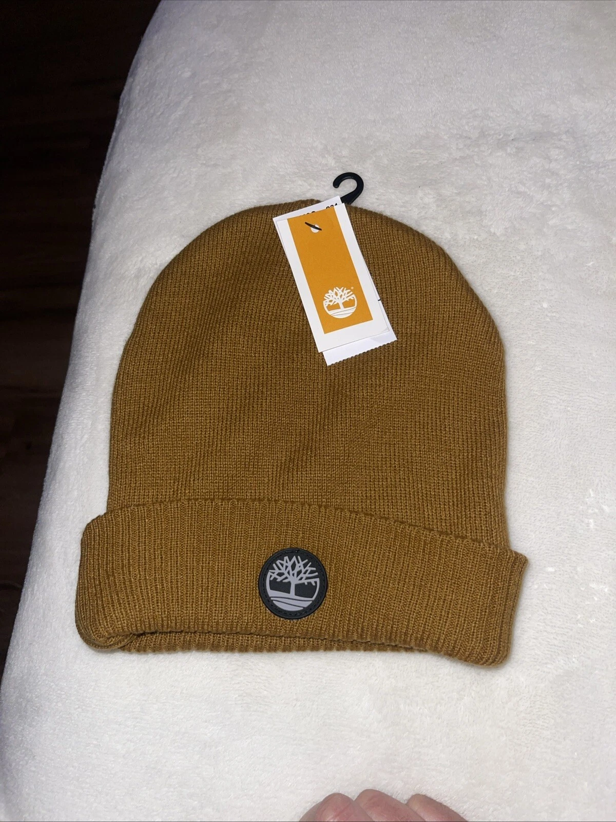 Timberland Wheat Rubber Logo Ribbed Knit Cuff Beanie Skull Cap