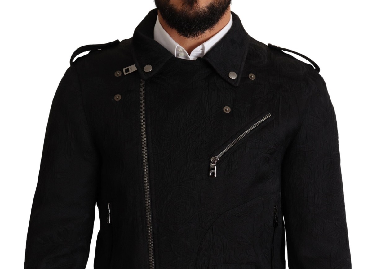DOLCE & GABBANA Jacket Black Brocade Full Zip Biker Coat