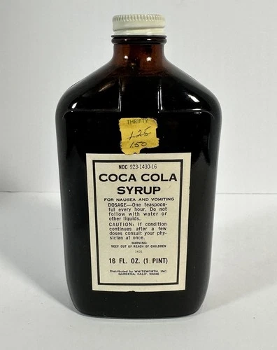Vintage Coca Cola Syrup Medical Bottle Amber Glass Pharmacy Nausea Remedy 16oz