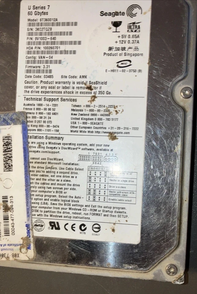 Seagate U Series 7 60GB & Windows XP Home Ed. KeyCode  Hard Drive - Untested - Image 2 of 4