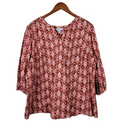 Croft Barrow Top Plus Size 1X Top Pink Floral Casual Comfort 3/4 Sleeve V Neck