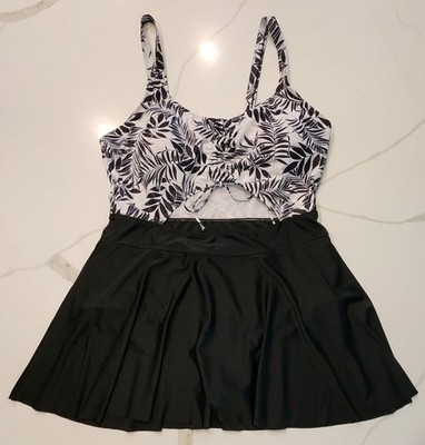 Maxine Style Plus Size 18W Tropical Palm Swim Dress Black White Skirt One Piece
