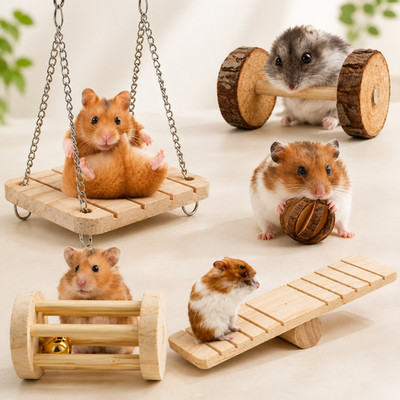 Natural Wooden Small Pet Toy Rabbit Guinea Pig Chew Toy Roller Bell Dumbbell Act