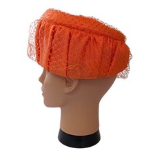 Orange Linen Veiled Pill Box Hat Mesh Netting Vintage MCM 50s 60s Church Pillbox