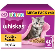 40 x 85g Whiskas Kitten Poultry Feasts Mixed Wet Cat Food Pouches in Jelly 4.87 per kilo