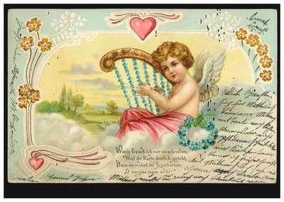 Embossing Card Angel with Harp of Flowers Violet Heart, after 2.2.1904