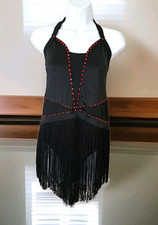 Balera Dance Costume XL Black Red Rhinestone Fringe Halter Bodysuit Strappy Back