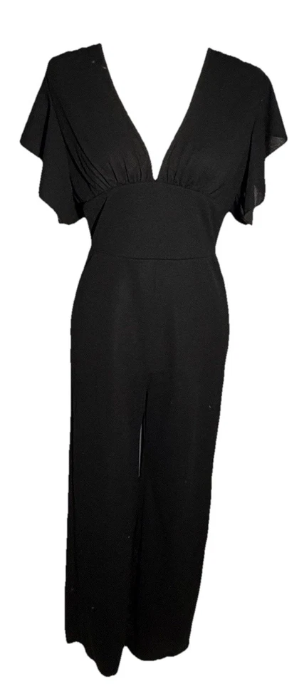 Pantalón Negro Cuello en V Mono Manga Acampanada, Cuello en V Para Mujer Talla Med Fiesta Vacaciones Foto 2 de 4