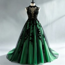 Gothic Wedding Dresses Black Green High Neck Lace Appliques A Line Bridal Gowns