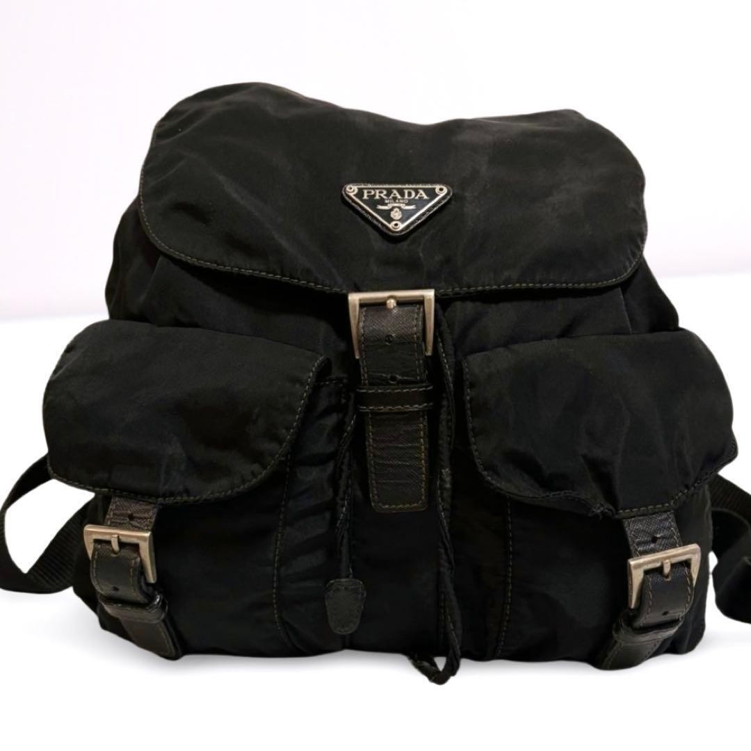 PRADA Backpack Bag Triangle Logo Triangle Plate Nylon Leather Black Men s Ladi thumbnail 2