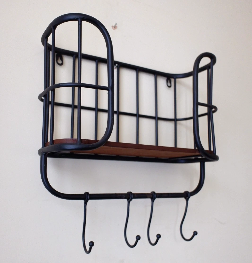 New Vintage RETRO Industrial Black Metal & Wood Caged Shelf Wall Rack w/Hooks