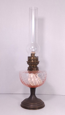 Vintage Gaudard France Chimney Oil Lamp Pink Diamond Quilt Glass Brass 19.5''