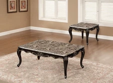 Transitional Style 1x Coffee Table 1x End Table Marble Top Curved Detail Dark Wa