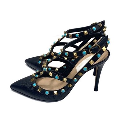 Valentino Rockstud Black Leather Ankle Strap Pumps Size 36.5