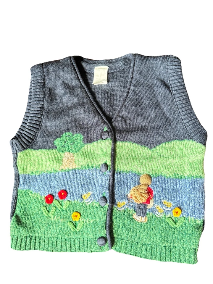 Chaleco Suéter Vintage Tejido a Mano Niños Talla 5 Granja Escena Ovejas Cottagecore Y2K Foto 2 de 4