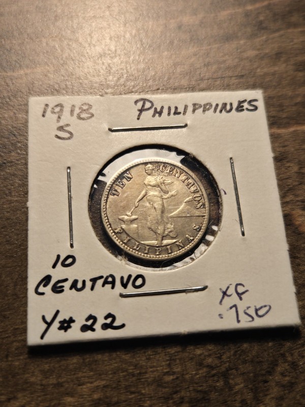 1918s Philippines Ten Centavos. 750 Silver Coin-XF
