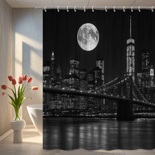 Black and White Cityscape Shower Curtain with Moon Design