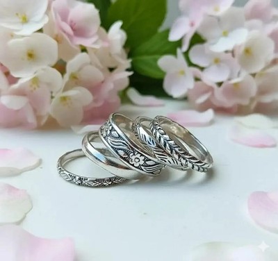 Handmade Sterling Silver Stacking Ring Set: Floral Design Silver Ring Gift MK261