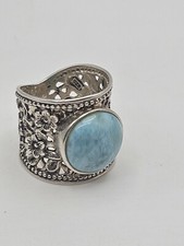 Sterling Silver Blue Larimar Cabochon Floral Wide Band Ring Size 7