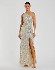 Mac Duggal NUDE/SILVER Women's Sequined One Shoulder Draped Lace up Gown, US 16