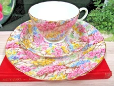 SHELLEY tea cup and saucer trio ROCK Garden pattern chintz teacup 1940s England 