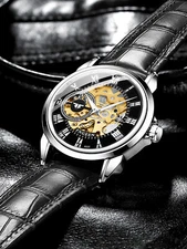 Men Business Automatic Mechanical Wristwatch Retro Skeleton Design Luminous Hand
