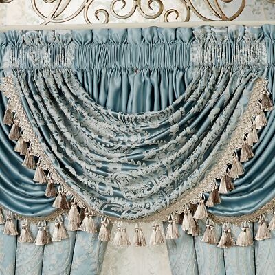 Romantic Regency Jacquard Scrollwork Parisian Blue Waterfall Valance