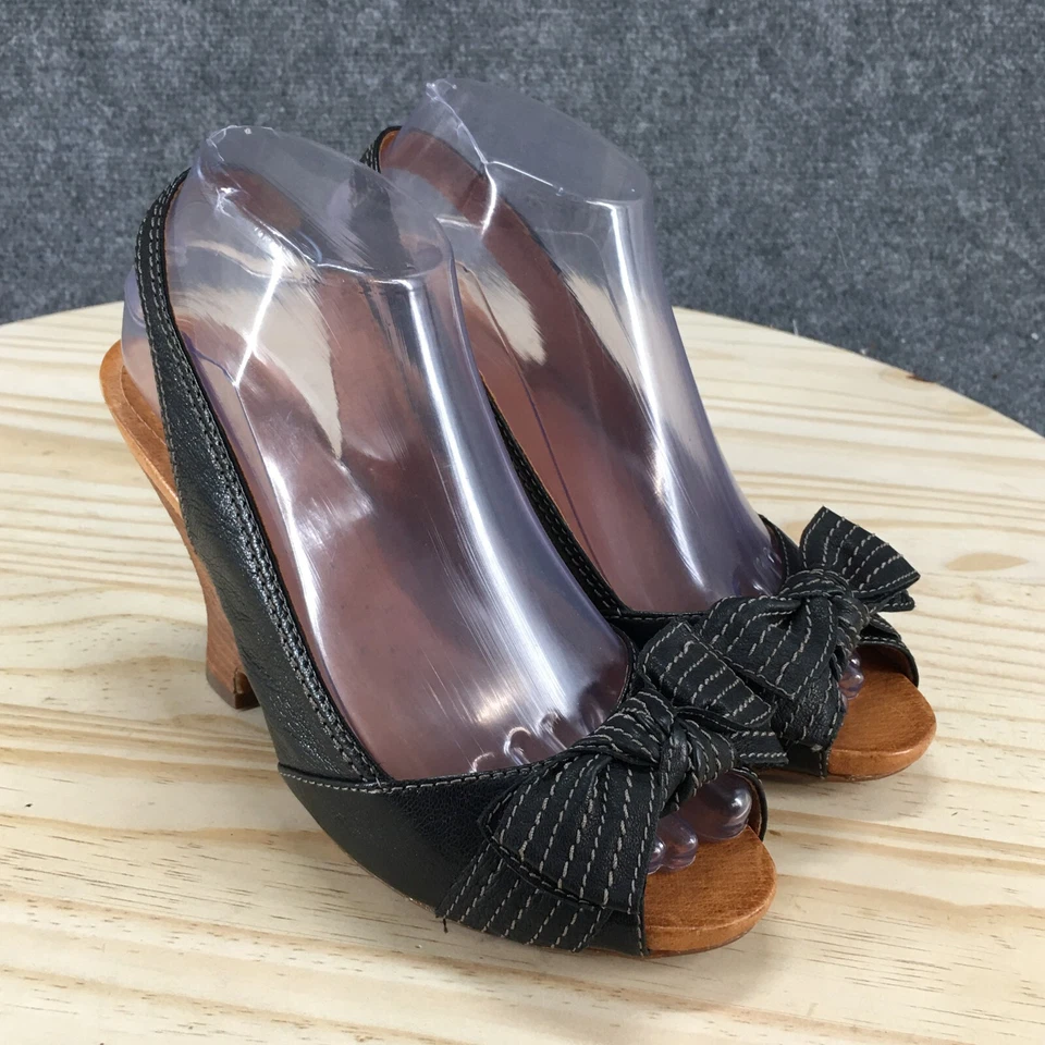 Naya Heels Womens 7.5 Wide Giada Slingback Black Leather Peep Toe Wedge Heels - Image 3 of 4