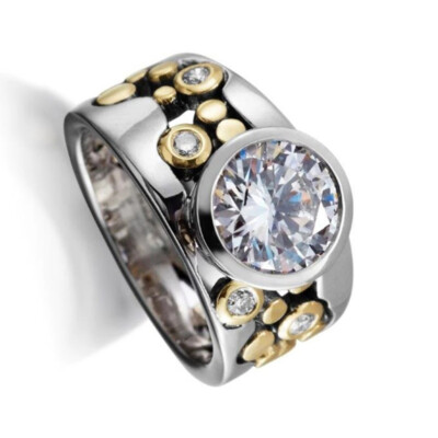 Two Tone 925 Silver Men Punk Rings Women Cubic Zirconia Jewelry Size 6-10