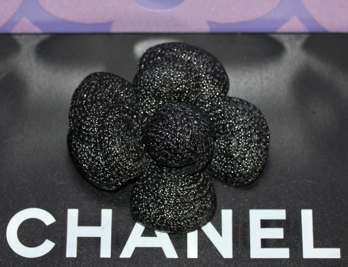 CHANEL Raffia 3-D CAMELLIA Flower BROOCH Pin -Black Shine!! | eBay