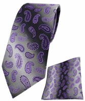 Tigertie Krawatte + Einstecktuch Lila Anthrazit Grausilber Paisley Gemustert