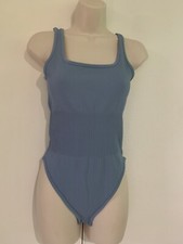 Blue Bodysuit Ribbed Sleeveless Square Neck Sleeveless large. H