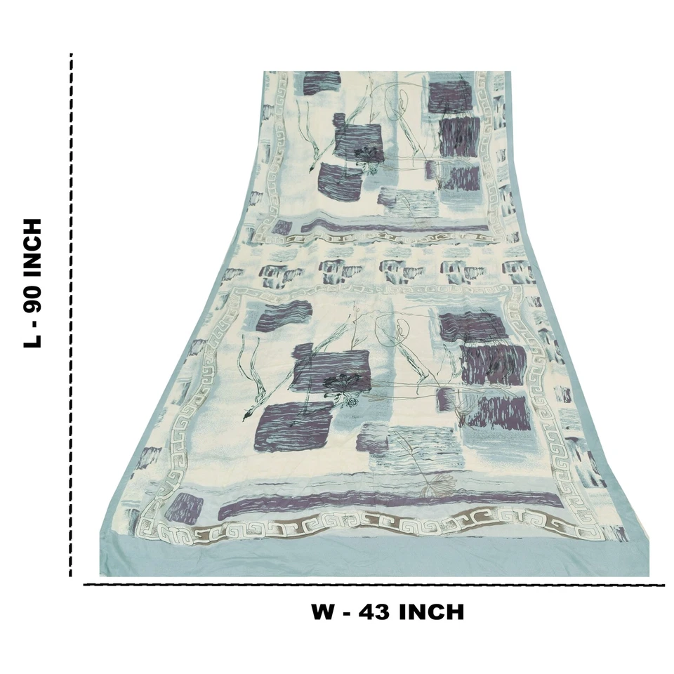 Bufandas Sanskriti Vintage Gris/Blanco Largo Dupatta/Estola Pura Crepé Seda Estampadas Foto 4 de 4