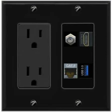 CAT7 COAX HD USB-3 Port Wall Plate Black w Power Outlet
